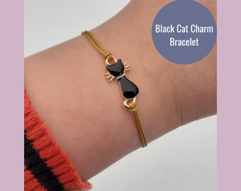 Black Cat Bracelet, Gift for Cat Lovers, Adjustable Bracelet, Cat Person Gift, Paracord Bracelet, Kitty Bracelet, Kitten Cat Jewelry