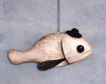 Paper mache fish with hat, Black and white hanging doll sculpture, Paper mache home decoration, Original gift idea