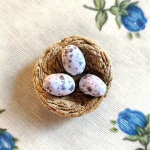 May include: Three speckled bird eggs in a brown woven nest. The nest is on a white fabric background with blue floral designs.