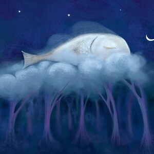 Impression illustration poisson dans une nuit étoilée surréaliste, décoration murale avec scénario de rêve, idée cadeau