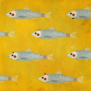 May include: A digital illustration of seven fish with red spots and various accessories on a yellow background. The fish are all facing the right side of the image.