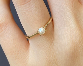 14K Gold Minimalist AA Single Pearl Ring, Freshwater Pearl Stackable Delicate Ring, White Pearl Dainty Ring, Engagement Wedding Jewelry