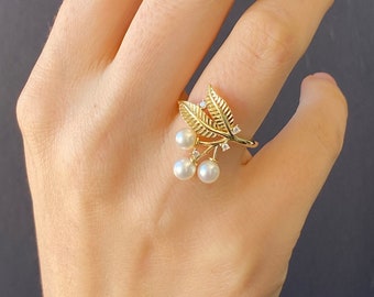 14K Solid Gold Pearl Ring, Freshwater Pearl & Forest Leaves Gold Ring, Gold and Pearl Floral Ring Anniversary Engagement Jewelry Ring