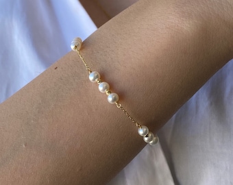 14K Gold Freshwater Pearl Bangle Bracelet: Minimalist Wedding Jewelry