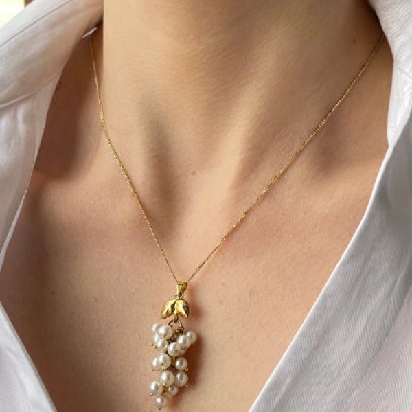 Collier de feuilles de perles d'eau douce en argent 925, pendentif perle en forme de raisin, bijoux de fruits classiques, cadeau d'anniversaire pour femme