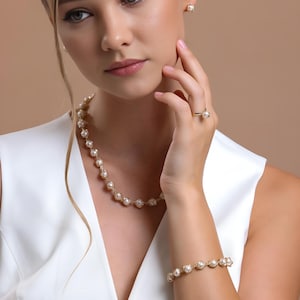 Pearl Jewelry Set, Necklace Earring Ring Bracelet, 14K Solid Gold & Freshwater Natural Pearl, Wedding Engagement Gift For Her