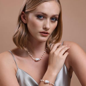 Baroque Pearl Necklace And Bracelet Set, 14k Gold, Freshwater Real Pearl, Pearl Choker For Women, Bridal Jewelry Set