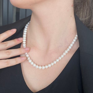 14K Solid Gold Handmade Real 7 mm Round Pearl Necklace, Freshwater Pearl Beaded Necklace, Jewelry Collection, gift for mom
