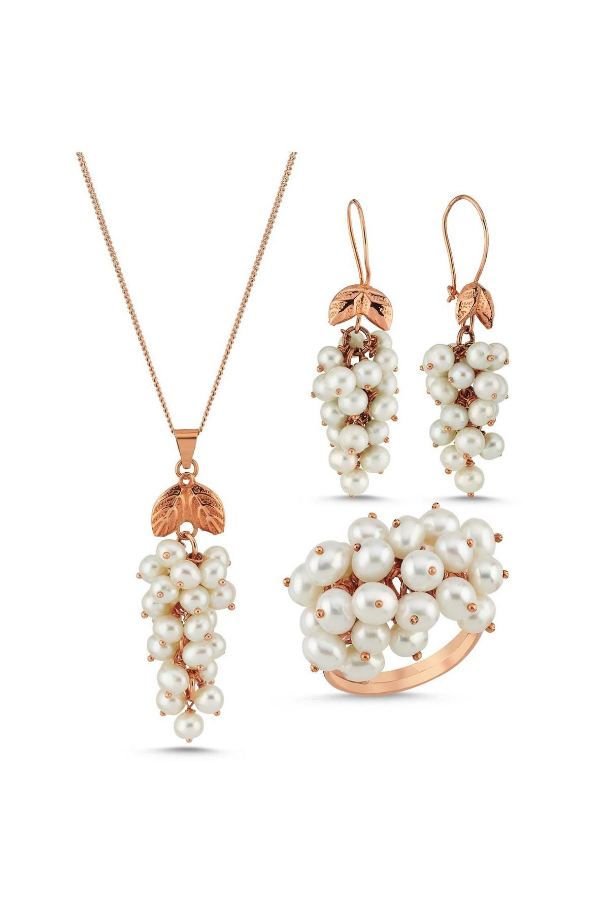 Sterling Silver Grape Pearl Jewelry Set: Pendant, Earrings, Ring