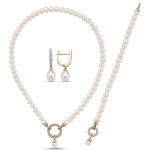 Wedding Pearl Necklace Set, Bridal Necklace Bracelet Earring Sets, 14k Gold / Freshwater Pearl / Zircon Stone, Bridal Jewelry Set
