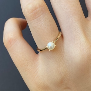 14K Gold 5mm Pearl Ring: Minimalist Dainty Stacking Ring