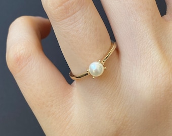 14k Solid Gold 5mm Pearl Ring: Minimalist Dainty Stacking Ring