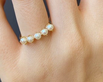 Minimalist Freshwater 5 Pearl Rings, 14K Gold Freshwater Pearl Gold Rings, Half Eternity Pearl Stackable Rings Delicate Pearl Jewelry