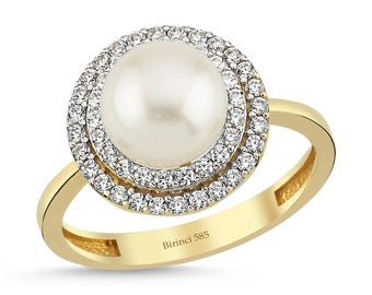14k Solid Gold Freshwater Pearl Ring with Zircon Halo