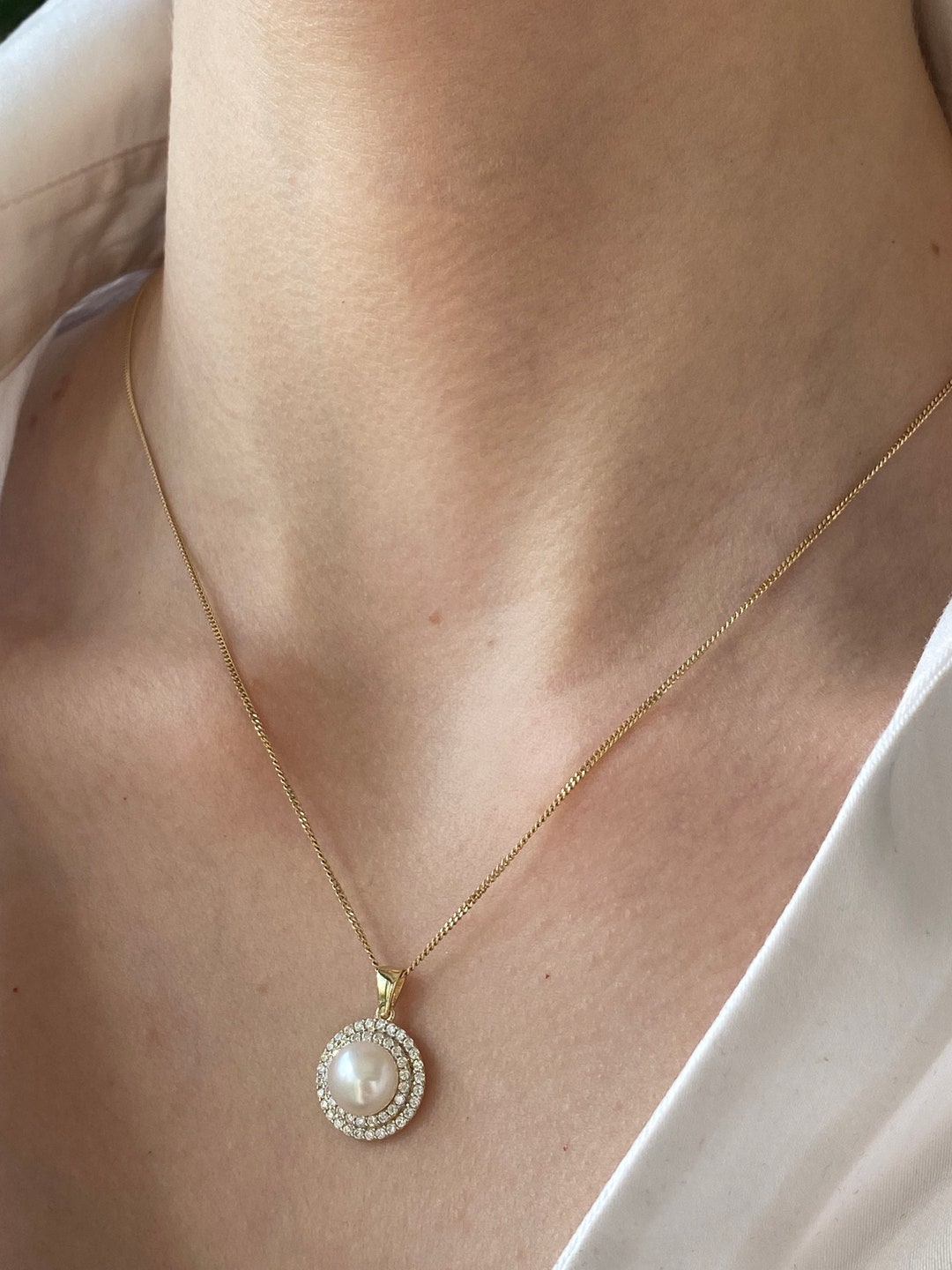 14K Gold Freshwater Halo Pearl Necklace, Natural 6 Mm Pearl