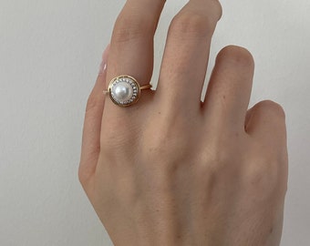 14K Gold Halo Freshwater Pearl Gold Ring, Chunky Round Pearl Ring with Natural Zircon Bridal Jewelry Confirmation Gift for her Christmas