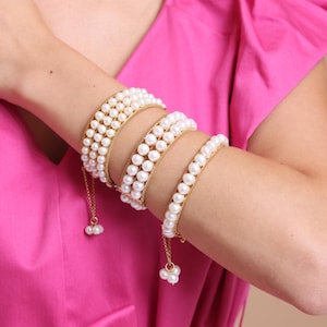 Pearl Cuff Bracelet Set, Sequenced Round Bracelet, 925 Sterling Silver Cuff Bracelet, Real Natural Pearl, Three in One, White Pearl Bracelet