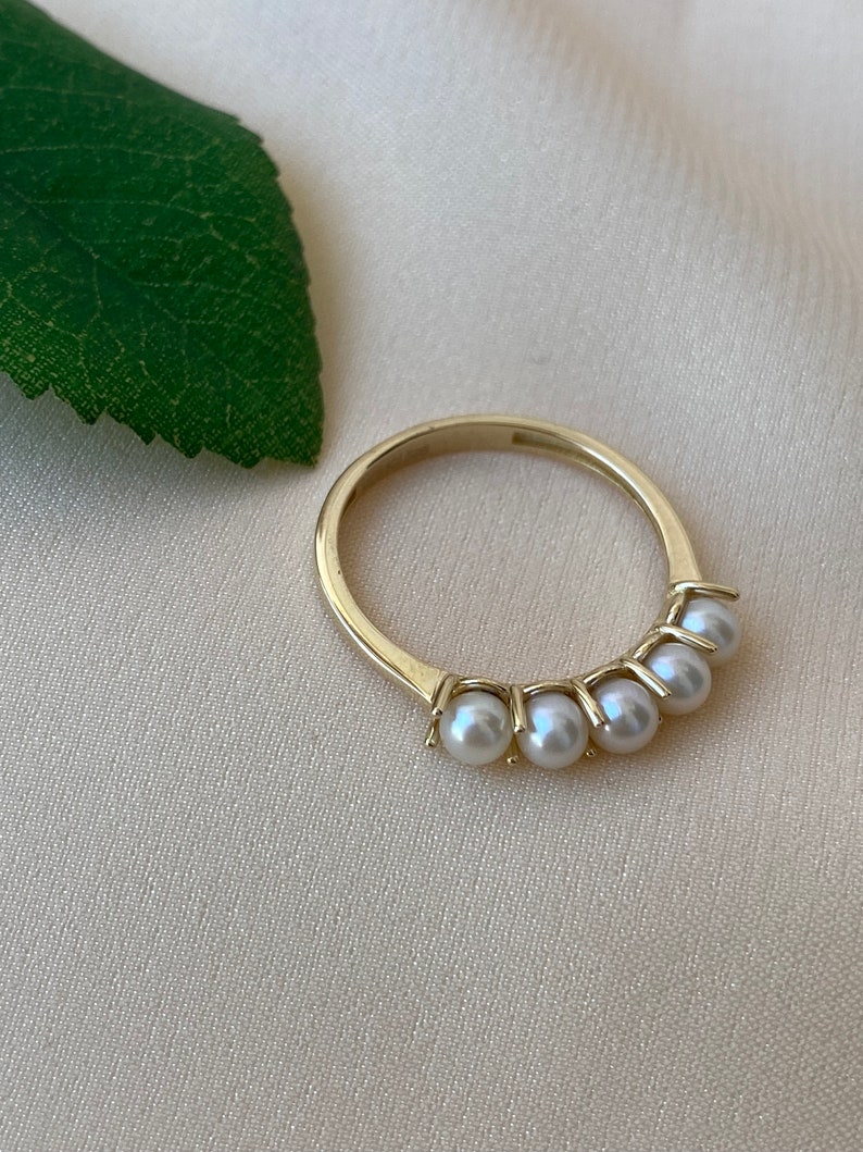 14K Gold Freshwater Pearl Ring Natural Five Pearl Gold Ring Etsy