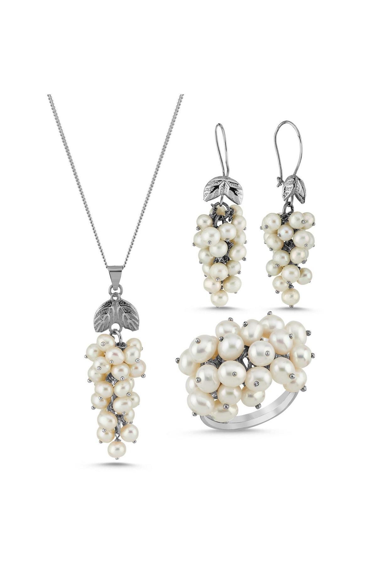 Sterling Silver Grape Pearl Jewelry Set: Pendant, Earrings, Ring