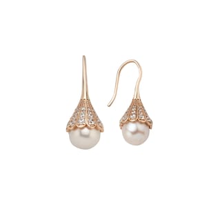 14k Gold Pearl Drop Earrings: Zircon Dangle Hoop Earrings