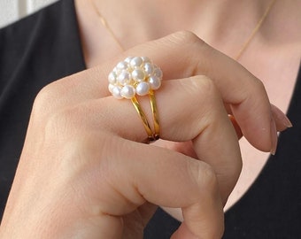 Sweet S925 Silver Pearl Ball Freshwater Pearl Ring, Pearl Ball Ring Cluster Pearl Adjustable Ring, Classic Jewelry Chunky Ring for Her