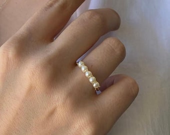 White Pearl Stackable Ring, 14K Gold Freshwater Pearl Ring, Minimalist Half Eternity Freshwater Pearl Ring Wedding Birthday Gift for Her