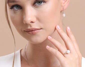 14k Solid Gold Pearl Jewelry Set: Zircon Twisted Necklace, Earrings & Ring