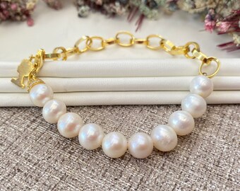 Freshwater Pearl Bracelet, Sterling Silver, Half Pearl Half Chain, Gold Plated Bracelet Adjustable Bracelet Personalized Gift For Her