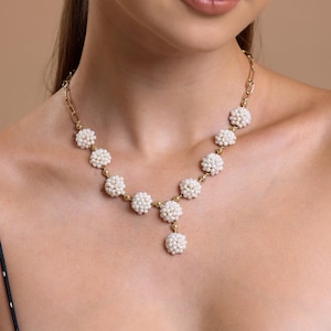 14k Gold Floral Pearl Necklace: Freshwater Pearl Flower Charm
