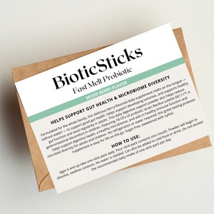 May include: A brown paper envelope with a white label that says "BioticSticks Fast Melt Probiotic Mixed Berry Flavor" and describes the product as a daily supplement that helps support gut health and microbiome diversity. The label also includes instructions on how to use the product.