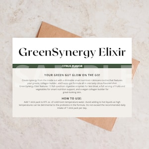 Cartão do elixir de Arbonne GreenSynergy de <br> Entrega Rápida? Verdes em movimento | Verdes de Arbonne | Brilho intestinal verde Arbonne | Sinergia de Arbonne | Somente download digital