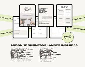 May include: A digital planner for network marketers, featuring a black and white design with the text "Arbonne Business Planner" and "This planner is created for network marketers by a network marketer". The planner includes 50 pages and a variety of sections, including a 100 faces challenge, potential recruits tracker, password tracker, my contact list, downline contacts tracker, client details, business branding sheet, online accounts, training programs tracker, rep profile, power hour planner, and daily method for success.