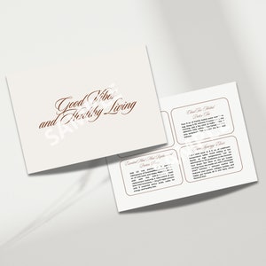 May include: A white card with the text "Good Vibes and Healthy Living" in brown cursive script. The card is divided into four sections, each with a different recipe for a tea or spray. The recipes include "Chamomile Mint Relaxing Bath Tea", "Essential Mint & Eucalyptus Bath Salts", "Citrus Tea Spray", and "Lemon Ginger Tea".