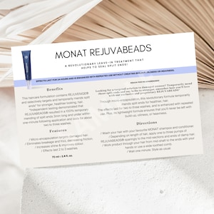 Modern Monat Rejuvabeads Uses Hair Wash Instructions | Monat Thank You Card | Monat Business Cards | Market Shampoo Haircare Card