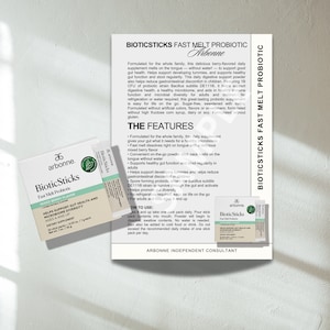 May include: Arbonne BioticSticks Fast Melt Probiotic in a berry flavour. This daily supplement supports gut health and digestive function. It is formulated without artificial colours, flavours, or sweeteners. The product is gluten-free, dairy-free, and soy-free.