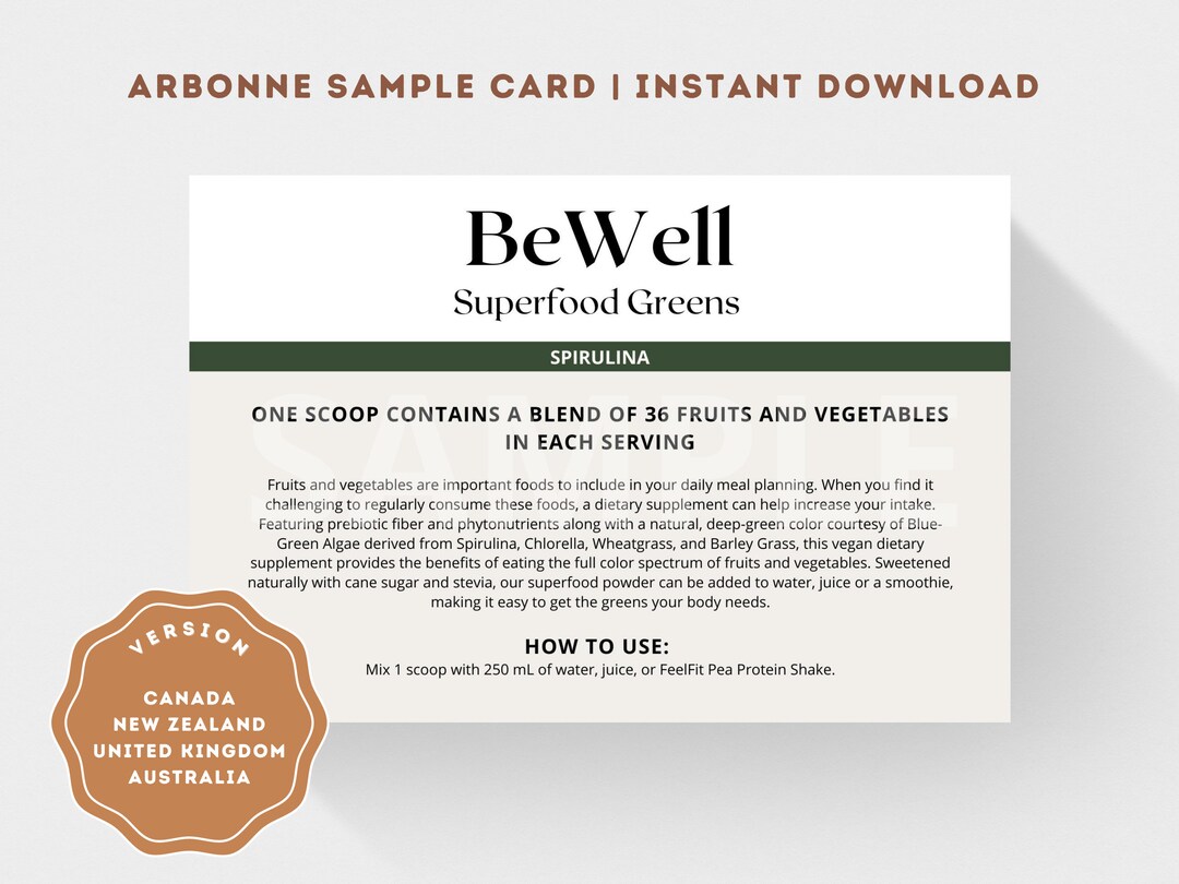 Arbonne Bewell Superfood Greens Sample Card canada UK AU Etsy