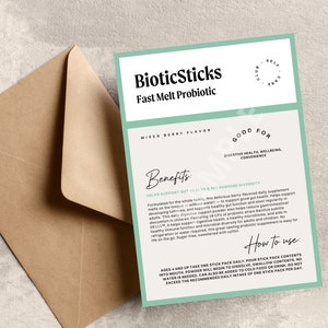 May include: A green and white card with the text "BioticSticks Fast Melt Probiotic" and "Mixed Berry Flavor". The card also includes information about the benefits of the product, which include supporting gut health and microbiome diversity. The card also includes instructions on how to use the product.