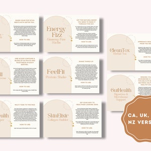 Arbonne Proefkaarten (8) BUNDEL | CA + AU-versie | Fizz, Protein, Tizzy, CleanTox, GutHealth, Skin Elixir, Greens, MindHealth | 4 "x 6"