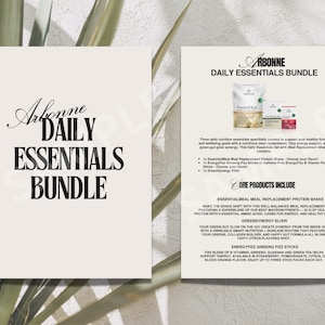 Arbonne Daily Essentials-bundelkaart | Arbonne GreenSynergy Elixir | EssentialMeal Maaltijdvervangende eiwitshake | Energiebruissticks