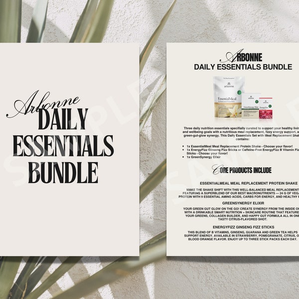 NEW Arbonne Daily Essentials Bundle Card | Arbonne GreenSynergy Elixir | EssentialMeal Meal Replacement Protein Shake | Energy Fizz Sticks