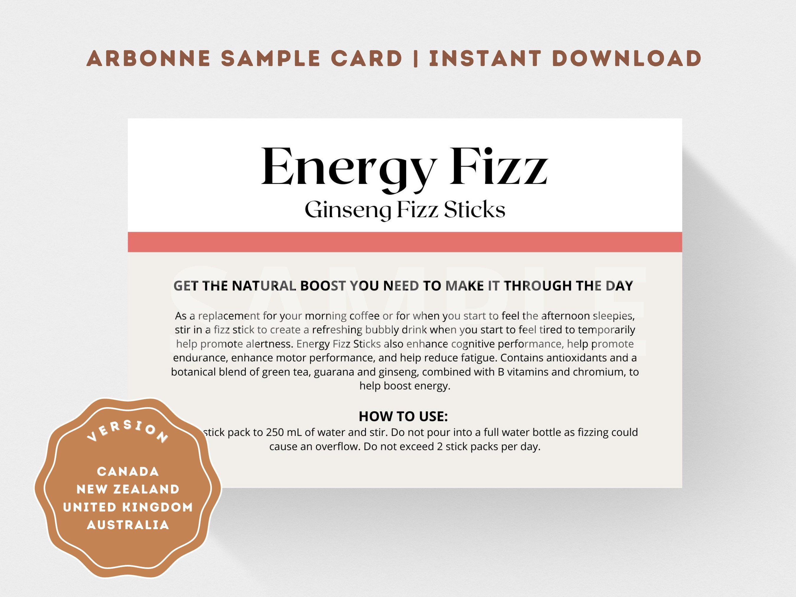 Arbonne Energy Fizz Stick Sample Card canada, UK, AU, NZ Arbonne Fizz