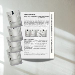 May include: Image of Arbonne Essential Meal Replacement Protein Shake. The packaging is white with black text and a minimalist design. Several individual packets are visible, along with a box displaying product information. The text on the box reads "ESSENTIALMEAL MEAL REPLACEMENT PROTEIN SHAKE".