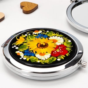 Ukrainian Hand Painted Compact Mirror, Flower Jewelry Pocket Mirror, Small Purse Makeup Handmade Cosmetic Petrykivka Gift Ukraine Shop, S221