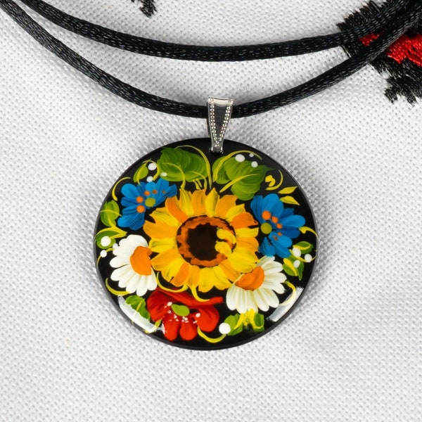 Ukrainian Hand Painted Pendant, Handmade Sunflower Jewelry Necklace, Wooden Floral Accessories, Petrykivka Gift Ukraine Shop, S221