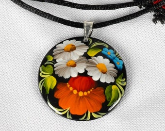 Ukrainian Hand Painted Necklace, Flower Jewelry Handmade Pendant, Wooden Floral Accessories, Petrykivka Gift Ukraine Shop, S211