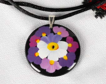 Ukrainian Hand Painted Necklace, Wooden Floral Jewelry Pendant, Handmade Flower Accessories, Petrykivka Gift Ukraine Shop, S072