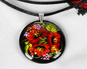 Ukrainian Hand Painted Necklace, Handmade Flower Jewelry Pendant, Wooden Floral Accessories, Petrykivka Gift Ukraine Shop, S162