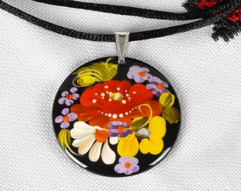 Ukrainian Hand Painted Pendant, Handmade Flower Jewelry Necklace, Wooden Floral Accessories, Petrykivka Gift Ukraine Shop, S131