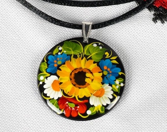 Ukrainian Hand Painted Pendant, Handmade Sunflower Jewelry Necklace, Wooden Floral Accessories, Petrykivka Gift Ukraine Shop, S221