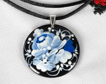 Ukrainian Hand Painted Necklace, Wooden Flower Jewelry Pendant, Handmade Floral Accessories, Petrykivka Gift Ukraine Shop, S022